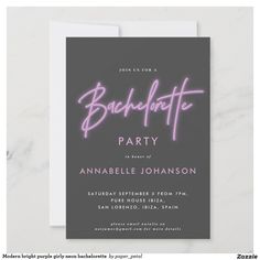 a bachelor party card with neon lights on it