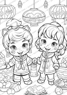 two cartoon girls holding hands in front of lanterns