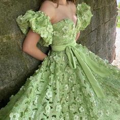 Details:-Lace fabric-Sour apple green color-A-line with waist definition and mini puff sleeves-For special occasions Mediterranean Vacation, Teuta Matoshi, Crafts Spring, Dappled Sunlight, Glamouröse Outfits, Fairytale Dress, Spring Blooms, Fabric Belt, Green Lace