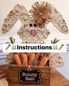 a wooden box filled with carrots sitting on top of a table next to a sign that says instructions