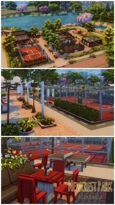 two different views of a park with benches, tables and tennis courts in the background