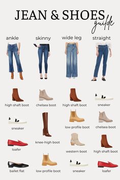 Master your denim game with this ultimate "Jean & Shoes Guide"! Discover the best footwear to pair with your favorite jean styles—ankle jeans, skinny jeans, wide-leg jeans, and straight jeans. From classic sneakers to trendy knee-high boots and Chelsea boots, this guide will elevate your everyday looks effortlessly. Perfect for casual days, office wear, or chic outings! Save this for your next wardrobe inspiration! Jean Styles, Jean Shoes, Shoes Guide, Wardrobe Inspiration, Shoes With Jeans, Classic Sneakers, Ankle Jeans, Office Wear, Favorite Jeans