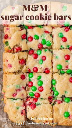 m & m sugar cookie bars with green and red candies on top, stacked together