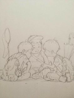 a drawing of three children sitting on the ground