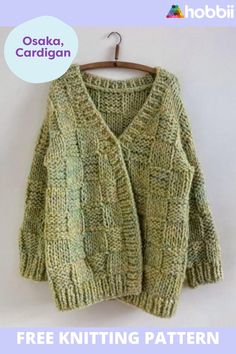 a knitted sweater hanging on a hanger with the text, free knitting pattern