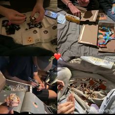 several pictures of people laying on the floor with their hands together and assembling jewelry