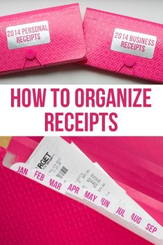 two pink folders with the words how to organize receipts written on them in red