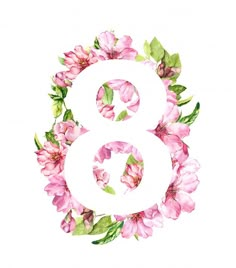 the number eight is made up of pink flowers and green leaves on a white background