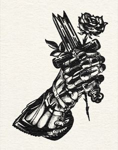 a black and white drawing of a hand holding a knife with a rose on it