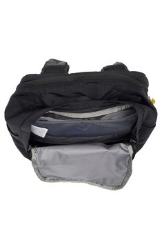 the inside of a black and grey bag