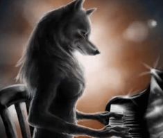 a wolf is playing the piano while another looks on