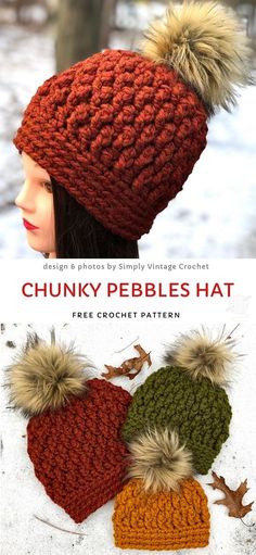 the chunky pebbles hat is knitted with two pom - poms