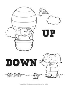 an elephant is standing in front of a hot air balloon with the word up down