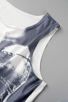 OrcaJump - Chic and Versatile Two-Piece Sleeveless Set: Grey Casual Print with Basic O-Neck Design Casual Printed Sleeveless Vest, White Printed Sleeveless Tank Top, White Printed Tank Top, Casual Sets, Two Piece Sets, Neck Designs, Two Piece, Grey, Design