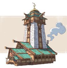 a drawing of a tall tower with a green roof