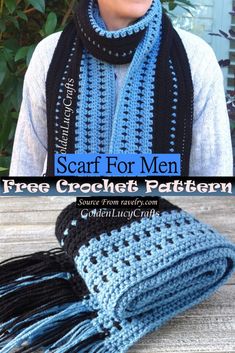 a woman wearing a scarf with the words scarf for men free crochet pattern