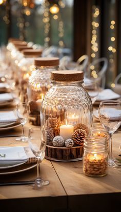 a long table is set up with candles and place settings for dinner guests to enjoy