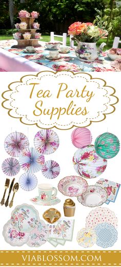 tea party supplies are on display in front of a table with plates, cups and umbrellas