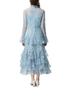 Color/Pattern: Blue Approximately 51.2In From Shoulder To Hem 100% Polyester Hand Wash Imported Light Blue Midi Length Dresses For Fall, Long Sleeve Elegant Dress, Long Sleeve Elegant Dresses, Dress Stand, Lace Splicing, Dress Fashion, Elegant Dress, Stand Collar, Elegant Dresses