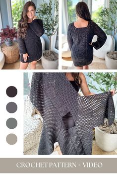 the crochet pattern is shown in three different colors, including black and grey