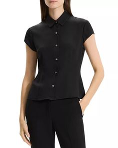 Theory - Silk Cap Sleeve Shirt Timeless Fitted Top For Business Casual, Timeless Fitted Tops For Workwear, Timeless Fitted Tops For Work, Classic Silk Tops, Timeless Fitted Business Tops, Luxury Fitted Tops For Business, Tailored Sleek Tops For Work, Sleek Tops For Workwear, Timeless Fitted Collared Top