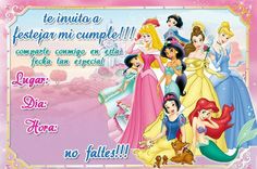 disney princess birthday card with all the princesses and their names in spanish on it