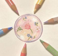 several colored pencils are arranged in a circle on a white surface with a pink rose painted on it