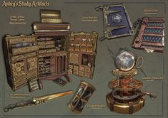 an image of antique study artifacts with key chains and other things to look like them