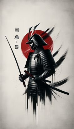 the samurai is holding two swords in one hand and wearing a black hat with red sun behind it