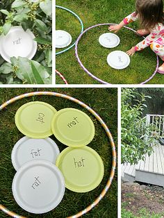 several different pictures with the words find and rhyme on them, including frisbees