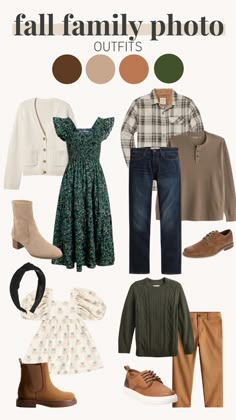 the fall family photo outfit guide is shown in brown, green and blue tones with text overlay that says fall family photo outfits