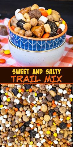 a bowl filled with candy corn and nuts next to a bowl full of trail mix