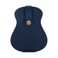 a blue leather case with a gold button on the front and side of it,