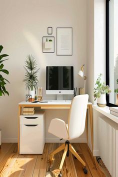 Modern cozy home office for women with minimalistic design and natural light. Modern Cozy Home, Small Bedroom Desk, Living Room Dining Room Combo, Office Decorations