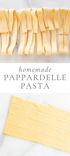 homemade papparella pasta on a white marble counter top with the title text overlay