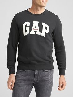 Embroidered Gap Logo Crewneck Pullover | Gap Factory Sporty Long Sleeve Top With Appliqué Logo, Logo Crew Sweater For Fall, Fall Crew Neck Sweater With Logo, Fall Crew Neck Top With Appliqué Logo, Casual Sweatshirt With Appliqué Logo For Fall, Sporty Long Sleeve Sweatshirt With Appliqué Logo, Sporty Crew Neck Sweater With Logo, Long Sleeve Tops With Appliqué Logo For Streetwear, Sporty Logo Crew Sweater