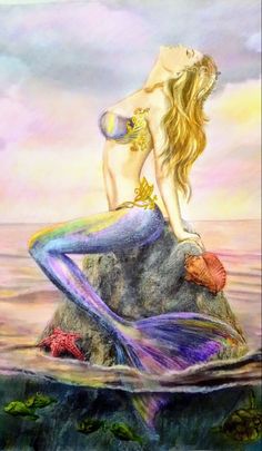 a painting of a mermaid sitting on top of a rock