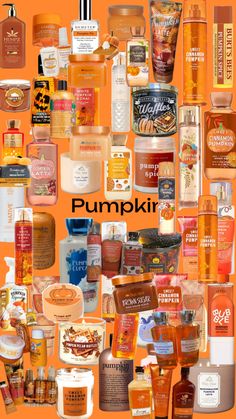 a collage of many different types of perfumes and body washes on an orange background