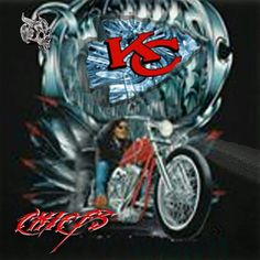 an image of a man on a motorcycle with the word kansas in red and black