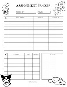 the printable worksheet for an animal themed assignment tracker is shown in black and white