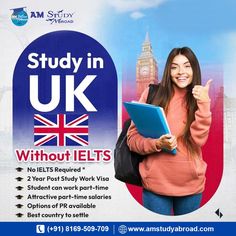 a woman holding a laptop and giving the thumbs up sign in front of her is an advertisement for study in uk without ielts