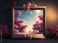 an open book with pink flowers on the pages and sky in the background, surrounded by trees