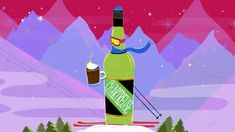 a bottle of beer sitting on top of a snow covered hill with skis and trees