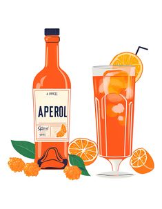 an orange drink next to a bottle of aperol and sliced oranges on a white background