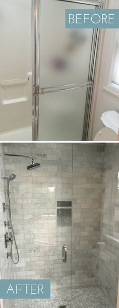 before and after photos of a bathroom remodel with glass shower doors, tile flooring and white walls