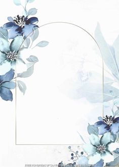 blue flowers and leaves on a white background with an oval frame for the text in the center