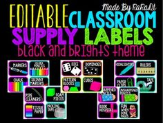 an image of classroom supply labels with the words, editable and brights theme