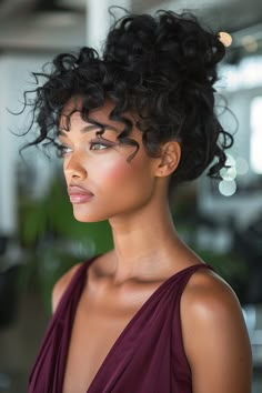 The Best Curly Hairstyles & Haircuts of 2024 Pin Up Updo Hairstyles, Curly Updo Bangs, Curly Hair With Bangs Updo, Curly Hair Formal Updo, Curly Bangs Updo, Curly Upstyles, Curly Updo With Bangs, Curl Bob Hairstyles, Wedding Updo With Bangs