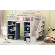 a child's bedroom with a loft bed and bookcase underneath the stairs, next to a stuffed animal