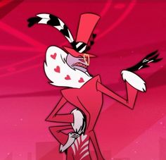 an animated image of a woman in a red dress and top hat with feathers on her head